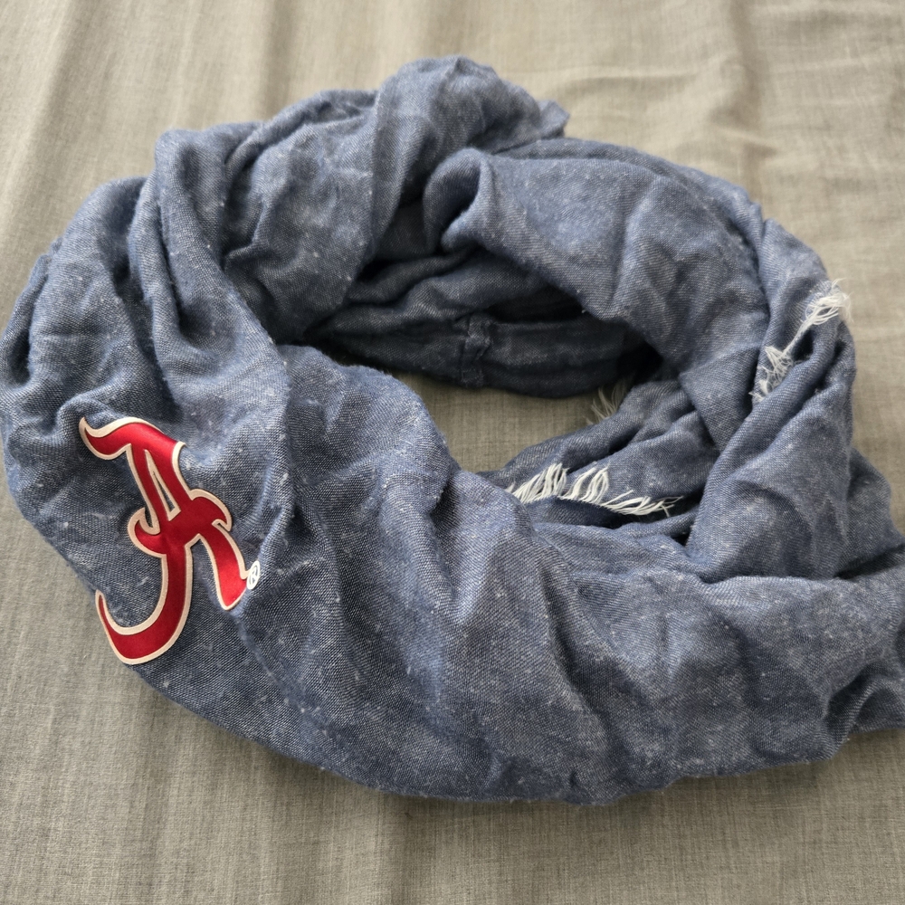 Alabama Crimson Tide Infinity Scarf Blue Knit With Big A Embroidered Frayed Edge